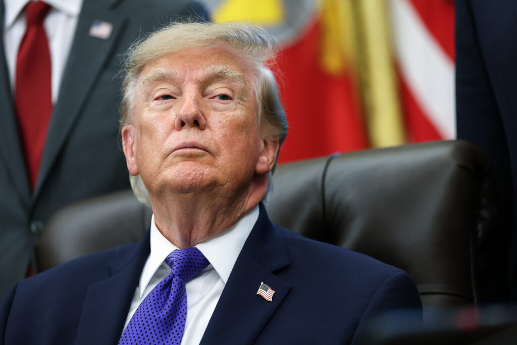 President Donald Trump listens to a reporters question in the Oval Office on September 28, 2026 (Photo by Kevin Dietsch/Getty Images)
