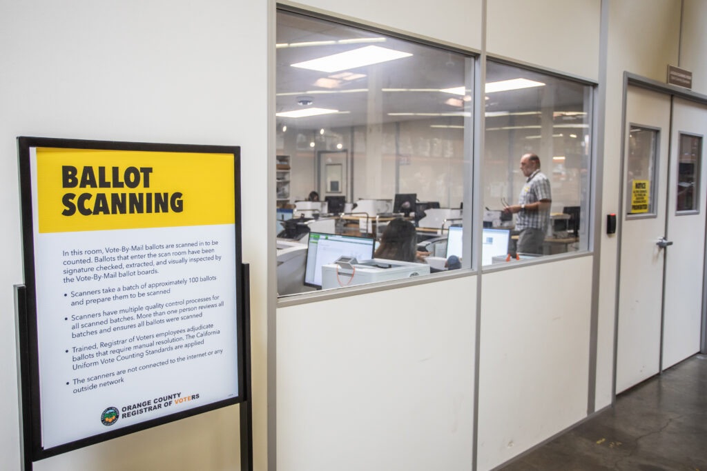 The ballot scanning room at the Orange County Registrar of Voters Facility in Santa Ana, Calif., is seen on Oct. 28, 2026. (Photo by Apu Gomes/Getty Images)