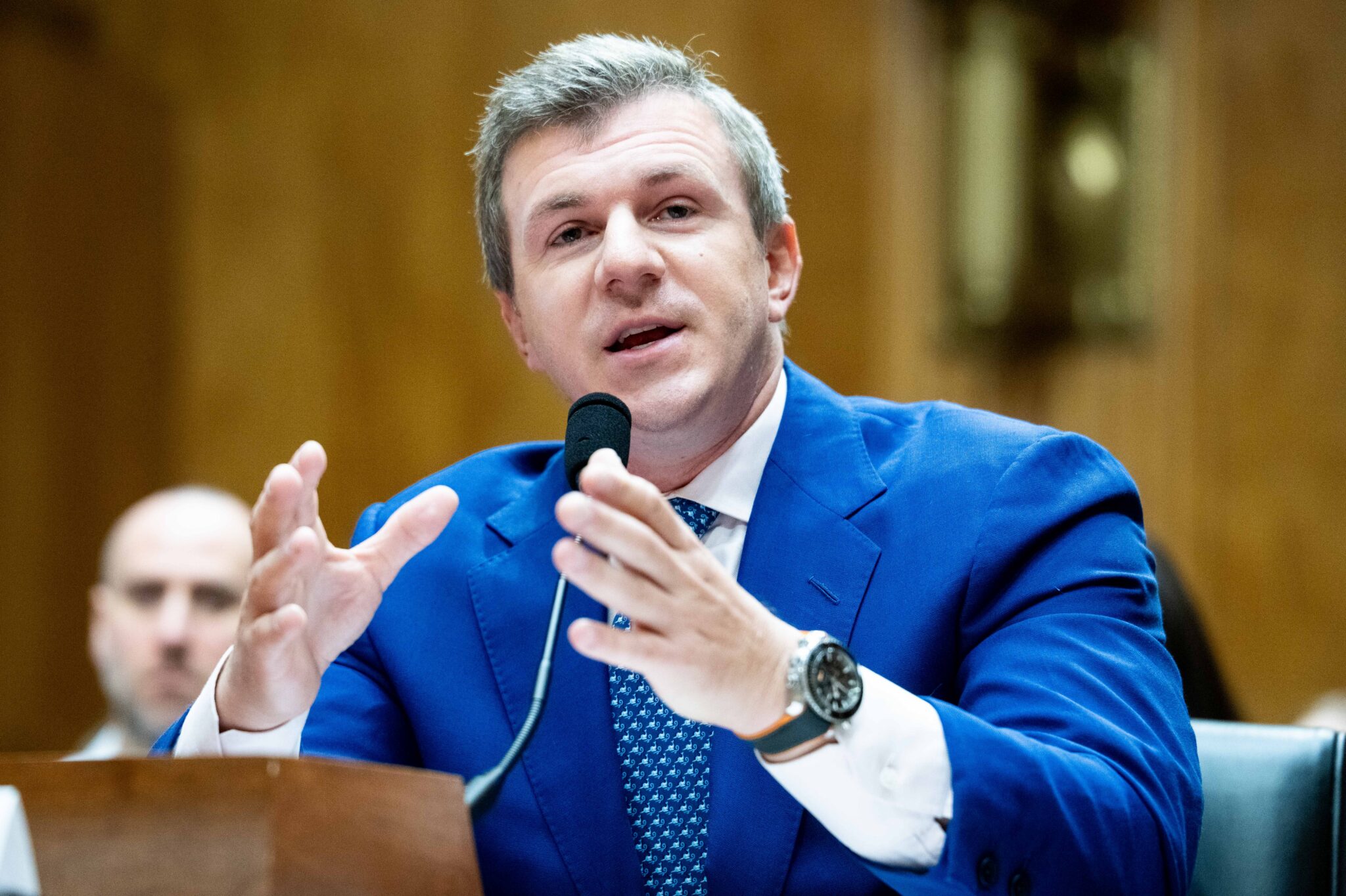 James O'Keefe, Chief Executive Officer, O'Keefe Media Group, speaking at a Senate Homeland Security and Governmental Affairs Committee hearing at the U.S. Capitol in Washington, DC