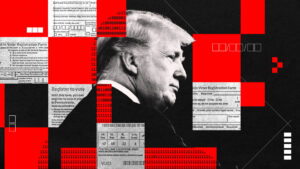 President Donald Trump before a collage of voter registration applications.
