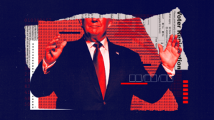 Collage of Trump looking like he's orchestrating, with torn pieces of paper behind him - papers of data and a voter registration form