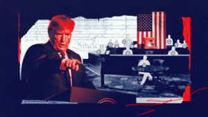 collage of trump pointing at house members sitting at their desks